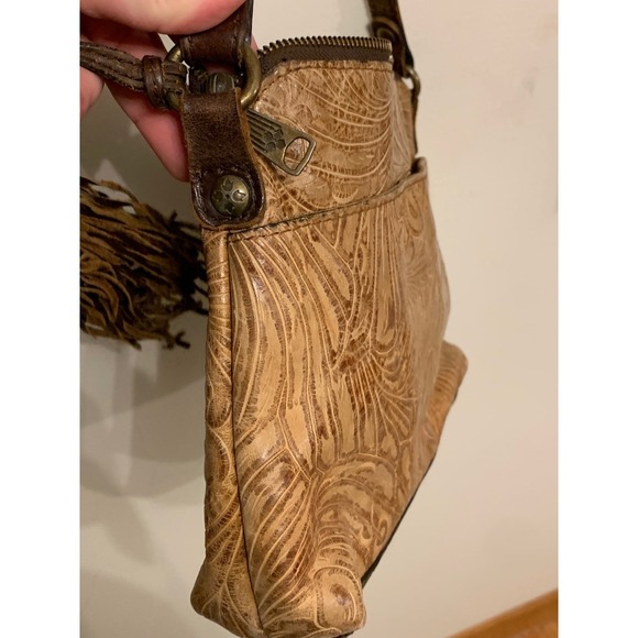Patricia Nash crossbody bag tan leather embossed floral tassel buckle flap - Picture 7 of 13